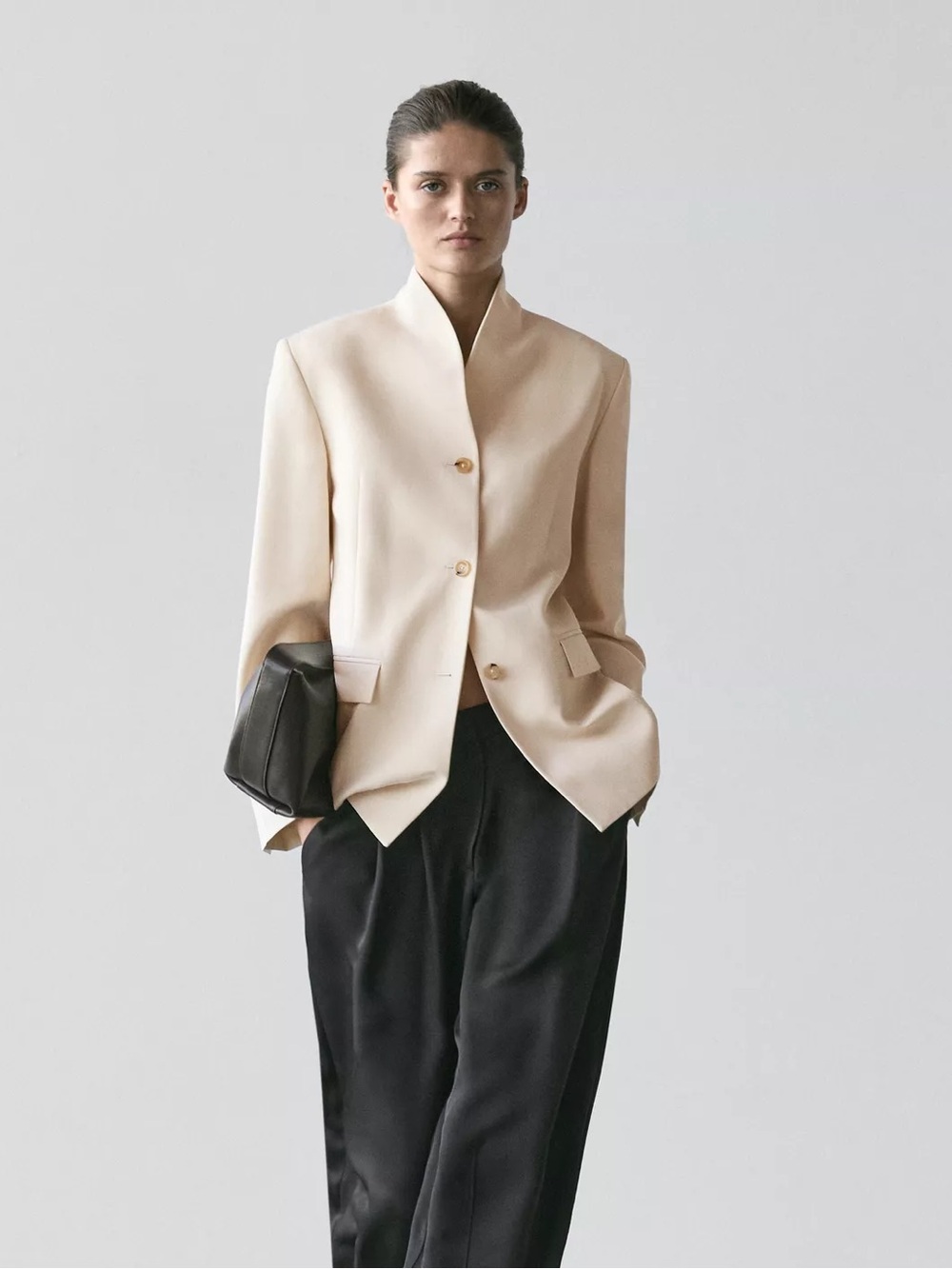Massimo Dutti Tailored Cream Stand-Collar Blazer Jacket
